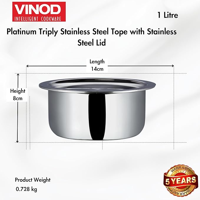 Vinod Platinum Triply Stainless Steel Tope with Lid - 1 Litre, 14 cm | Boiling Tope for Kitchen