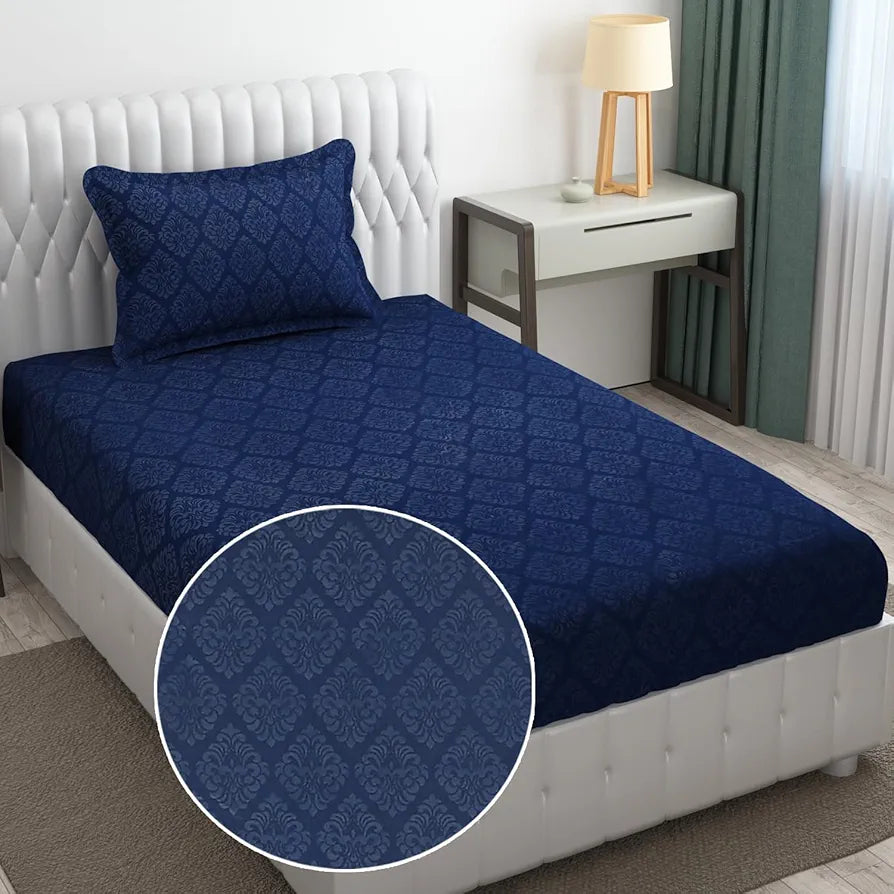 Fresh From Loom Hypoallergenic Rotary Printed Double Bedsheet Single Bedsheet With 1 Pillow Covers 144 TC Navy-Blue Damas