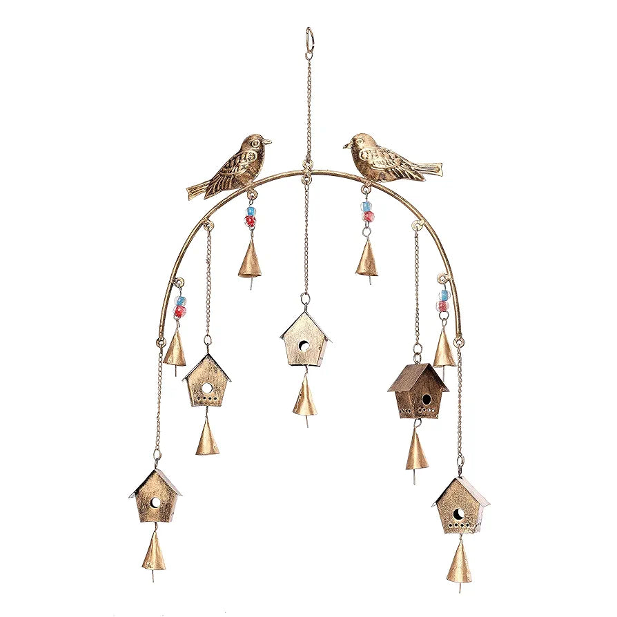Metal Windchime Wall Hanging Feng Shui Wall Decor Golden BirdHouse