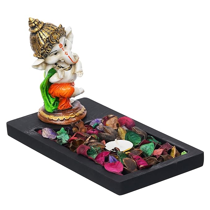 Ecraftindia Polyresin Baal Ganesh Dancing Showpiece With Rectangle Wooden Base Plate | Fragranced Petals & Tealight