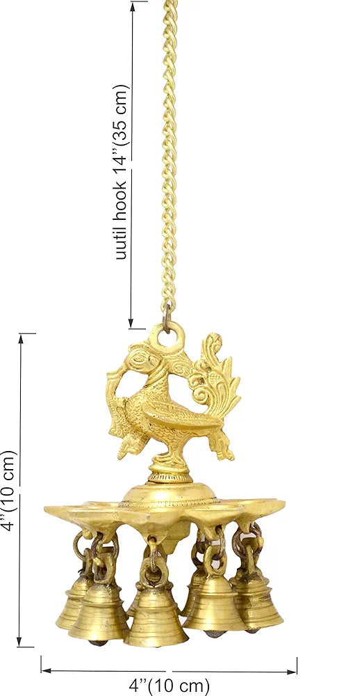 Two Moustaches Peacock Design Brass Hanging Diya with Bells