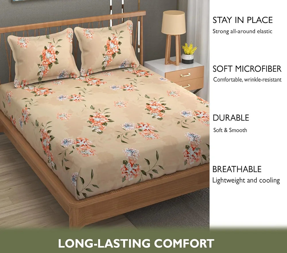 Fresh From Loom Fitted King Size Bedsheet with 2 Pillow Covers Microfiber 240 TC Beige Floral Design