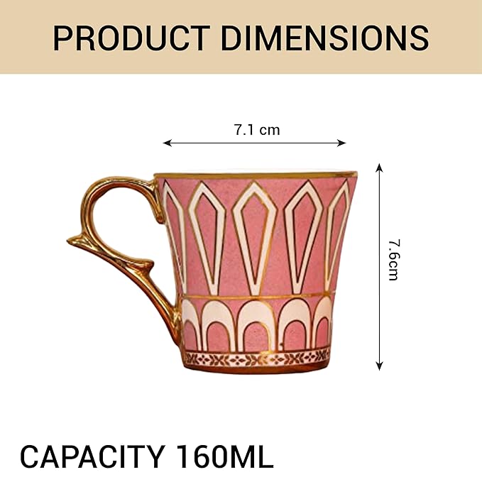 Femora Dropped U Scale Pattern Pattern Golden Tea Mugs, Ceramic Tea Cups, Coffee Mugs | 160 Ml | Pink | 6 Pcs Set | Not Microwave Safe