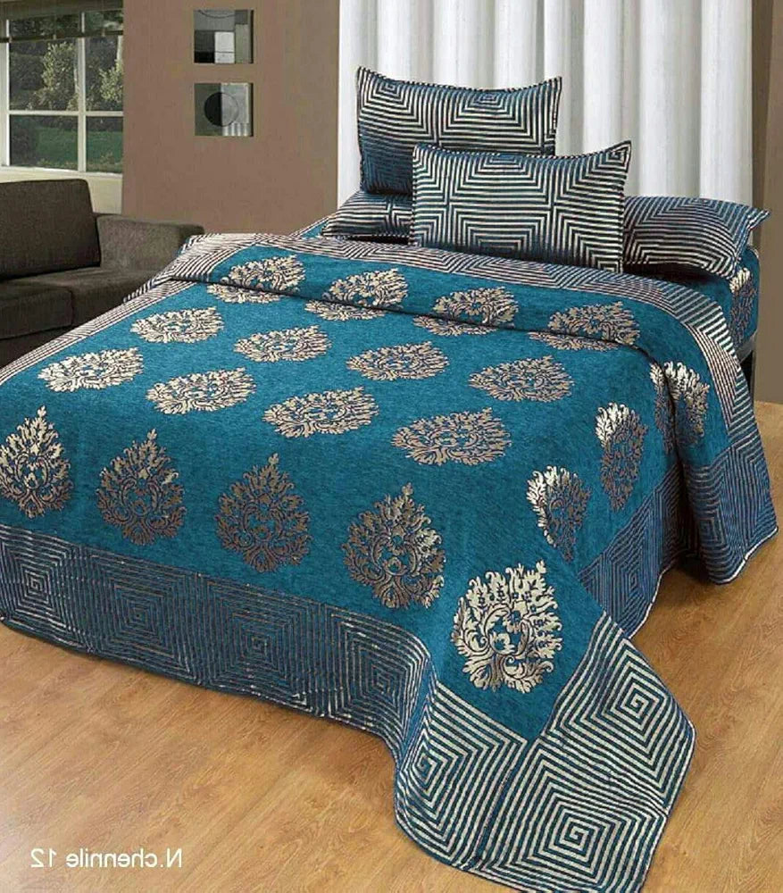 Fresh From Loom Chenille Velvet 500 TC Double Bed King Size Bedsheet Cum Bed Spread with 2 Pillow Covers Jhumka Skyblue