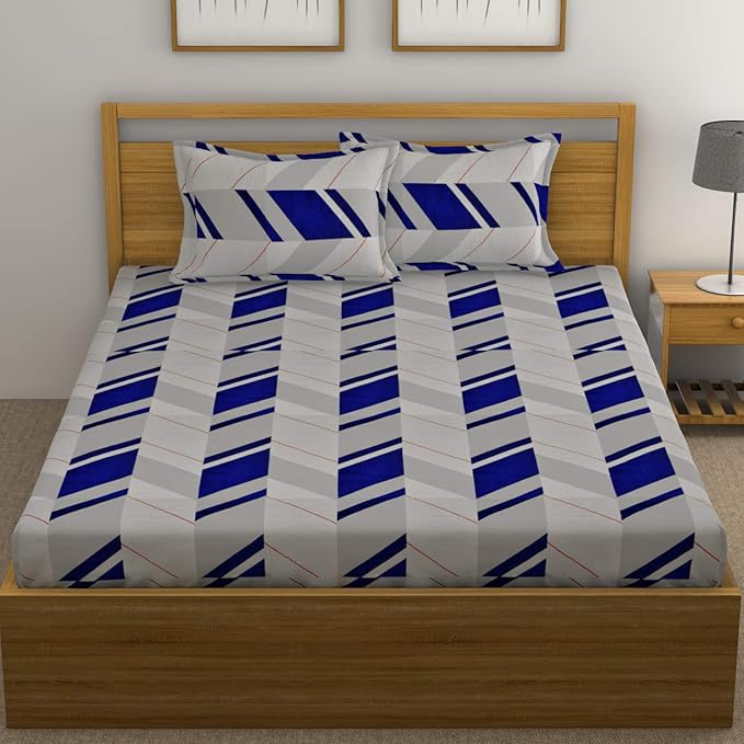 Huesland by Ahmedabad Cotton 144 TC Cotton King Size Bedsheet with 2 Pillow Covers - Grey & Blue