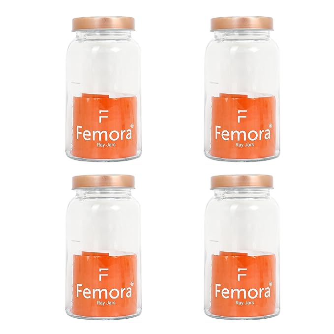 Femora Kitchen Storage Jars Clear Glass Jar With Steel Lid Air Tight Jar | 1000 Ml | Pack of 6 | Golden Lid