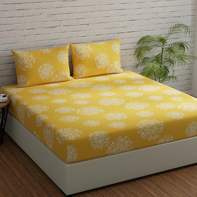 Huesland by Ahmedabad Cotton 144 TC Cotton Bedsheet for Double Bed King Size with 2 Pillow Covers | Yellow