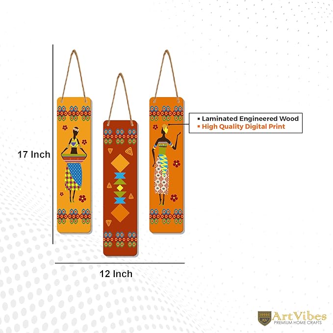 Artvibes African Warli Art Designer Wooden Wall Hanging Decoration Items for Home | Set of 3