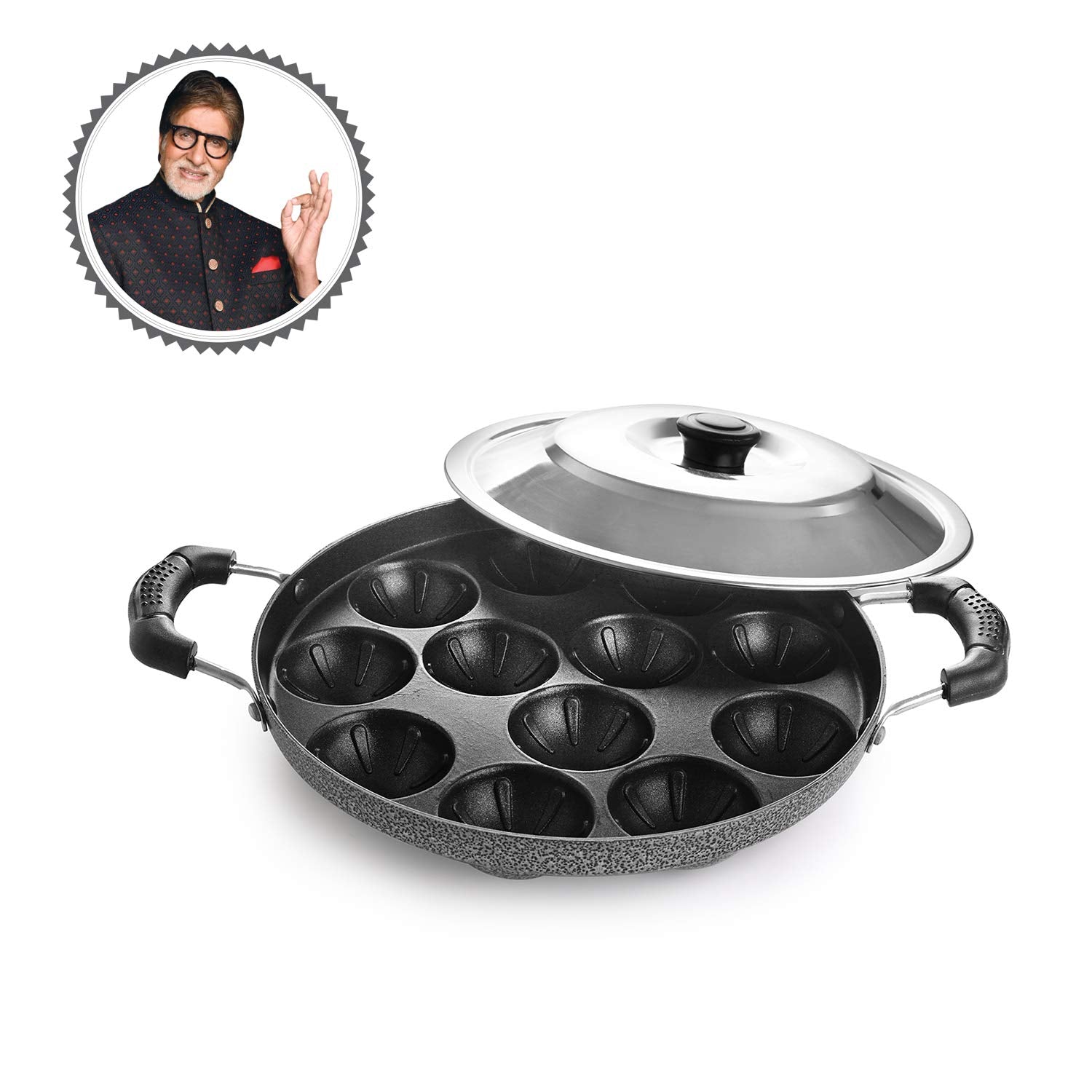 Cello Non-Stick 12 Cavity Grill Appam Patra 2 Side Handle with Stainless Steel Lid | Appam Maker