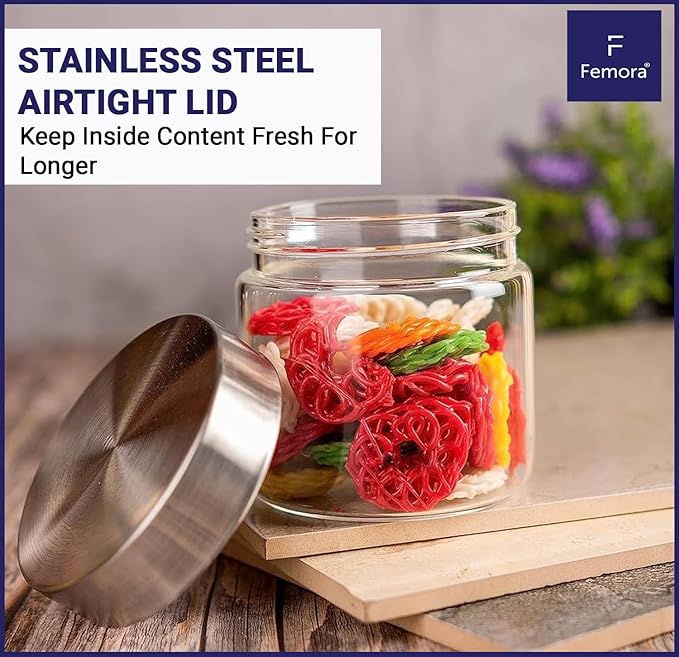 Femora Kitchen Storage Jars Borosilicate Glass With Steel Lid Air Tight Jar | 350 ML | Pack of 1