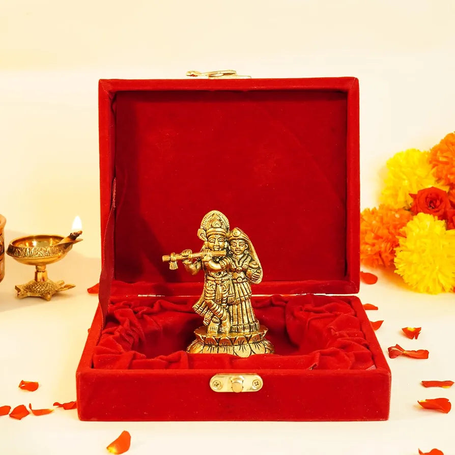 Ekhasa Pure Brass Radha Krishna Murti In Luxury Red Velvet Gift Box God Idols