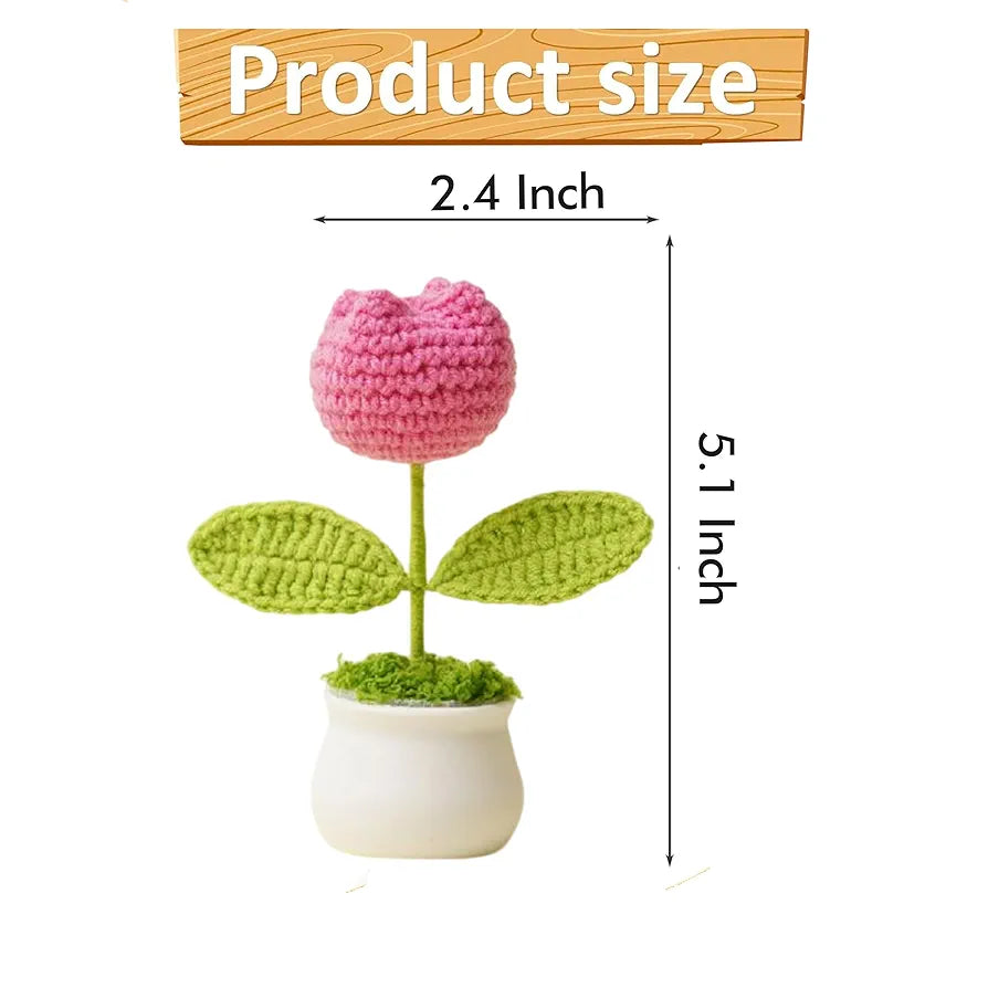 Handmade Crochet Flower Pot Rose and Tulip Artificial Flower Knitted Flower