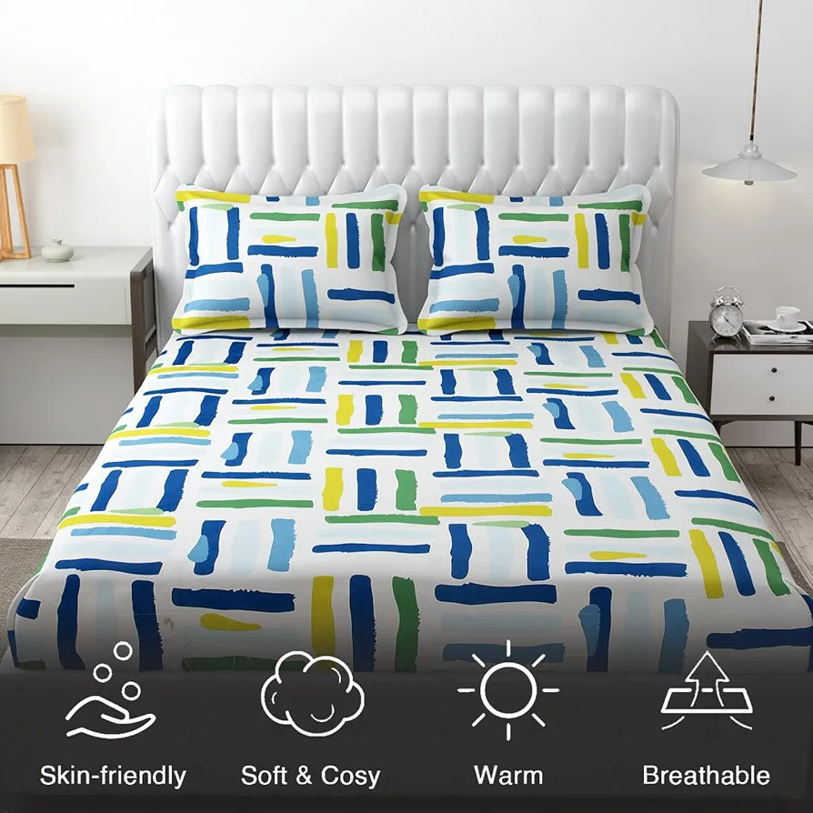 Fresh From Loom Microfiber Rotary Printed Bed Sheet Set King Size Hypoallergenic Wrinkle Free with 2 Pillow Covers 144 TC Multi Line