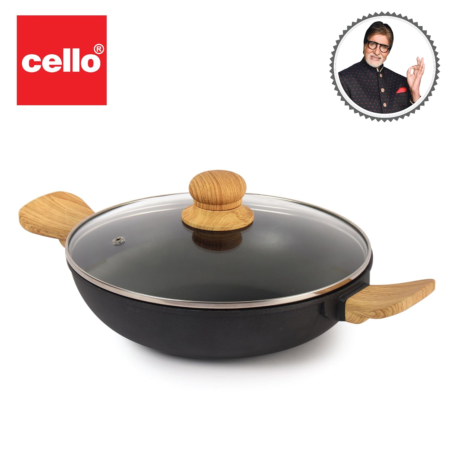Cello Castello Die Cast Induction Aluminium Kadhai With Glass Lid 24 Cm, 4 Mm Thickness | Induction Base Kadhai | Wooden Handle