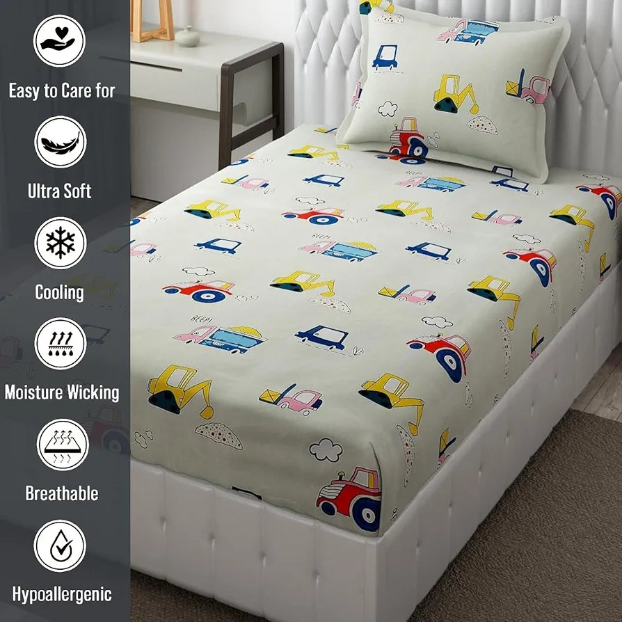 Fresh From Loom Glace Cotton Cartoon Printed Single Bedsheet With One Pillow Cover Kids Bedsheet 144 TC Cream