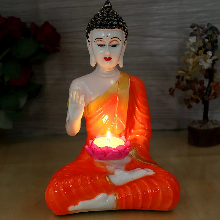 Jaipur Ace Orange Buddha Sitting With Tea Light in Hand Polyresin Idol