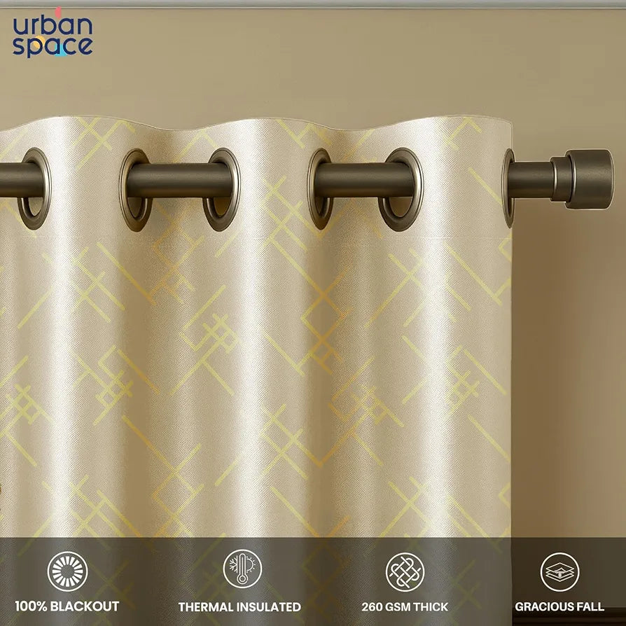 Urban Space Blackout Curtains for Living Room, Gold Foil Printed Luxurious Blackout Decorative Door Curtain Eyelet with Tieback, 1 Piece Criss Cross Beige