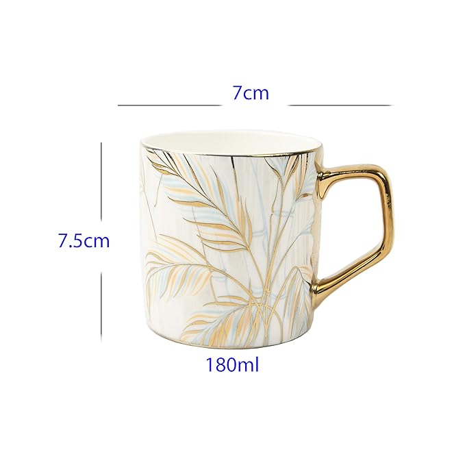 Femora Pastel Tropical Leaves Tea Mugs, Ceramic Tea Cups, Coffee Mugs | 180 Ml | 6 Pieces Set | Not Microwave Safe