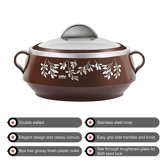 Cello Glitter Casserole with Inner Steel | Insulated Stainless Steel Inner Body Casserole Set for Meal | Set Of 3