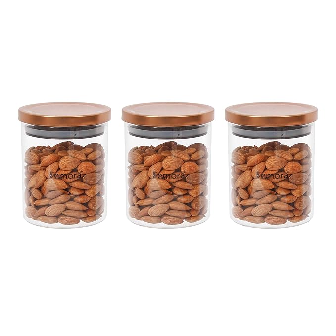 Femora Borosilicate Glass Jar With Golden Metallic Lid, Jars for Kitchen Storage | 600 Ml | Set of 3