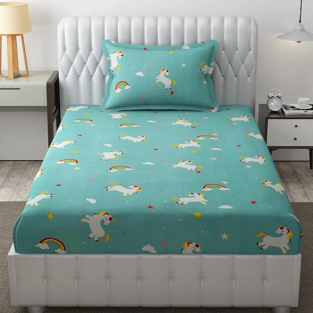 Fresh From Loom Elastic Printed Fitted Single Bed Bedsheet For Kids With One Pillow Cover Unicorn Small Single Blue 300 TC Teal