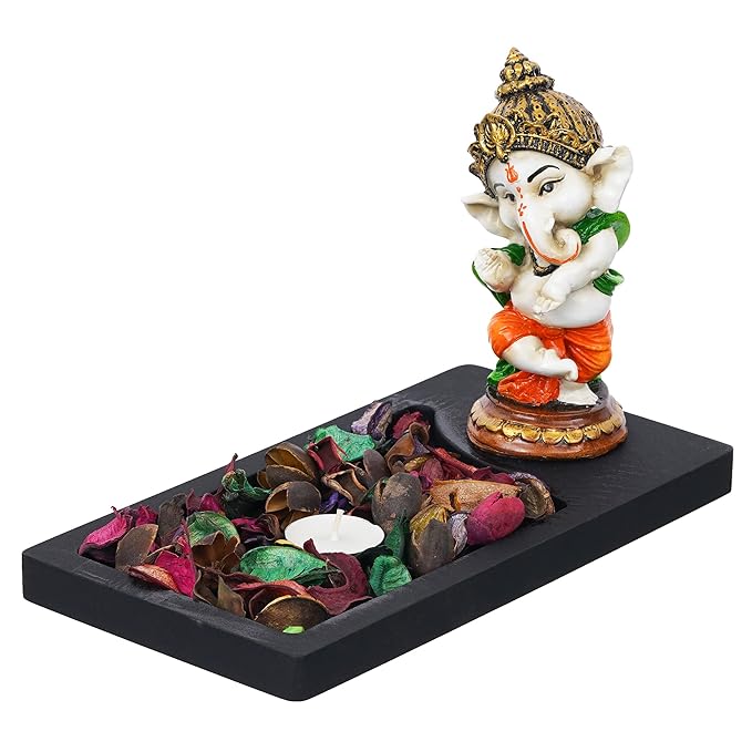 Ecraftindia Polyresin Baal Ganesh Dancing Showpiece With Rectangle Wooden Base Plate | Fragranced Petals & Tealight