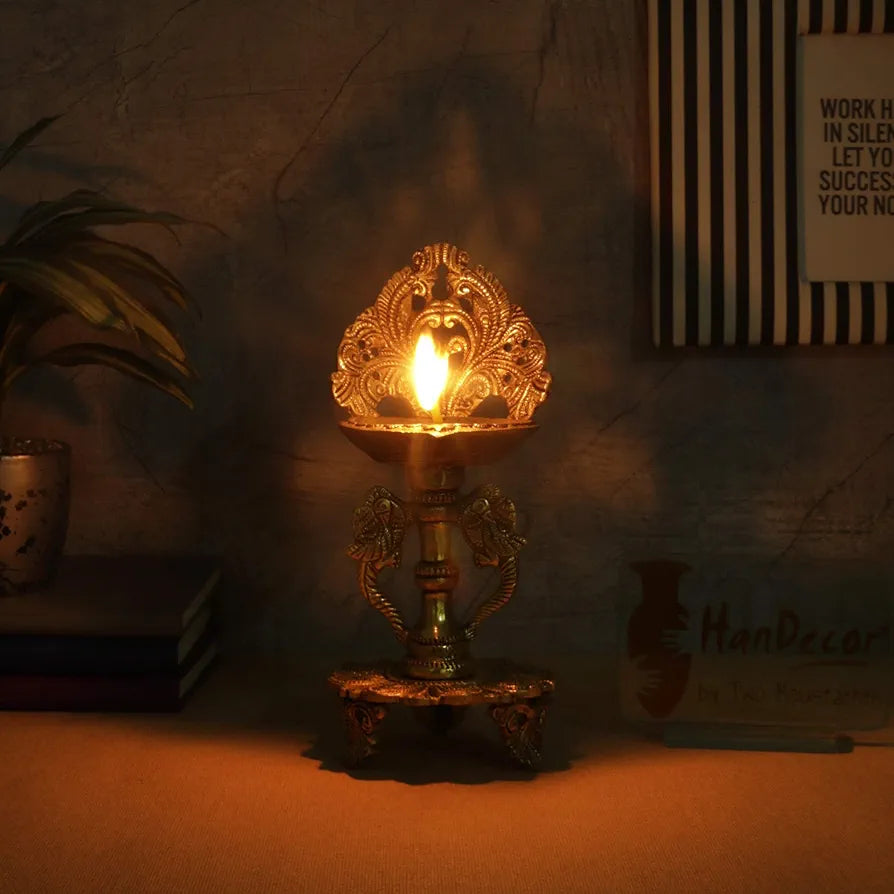 Two Moustaches 9 Inches Ethnic Twin Peacock Design Brass Oil Diya with Base