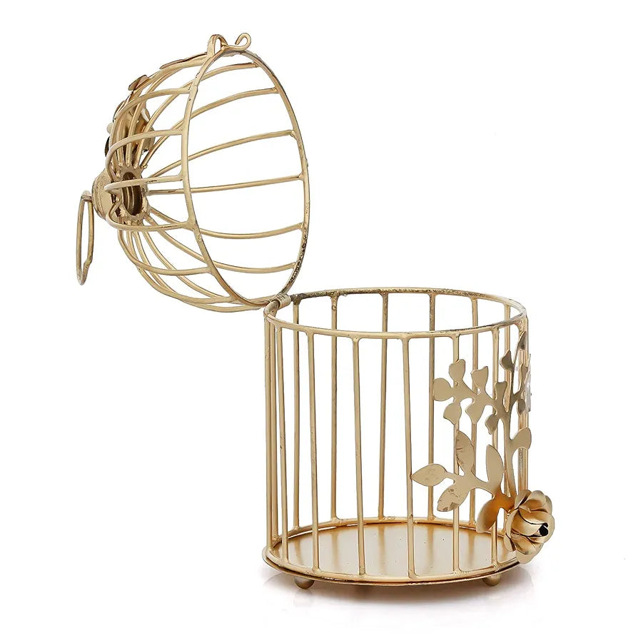 WebelKart Gold Color Metal Bird Cage Tea Light Holder with Flower Vine