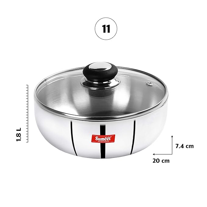 Sumeet 3mm Induction Bottom Aluminium Tasra with Glass Lid (1.8Ltr 20cm)