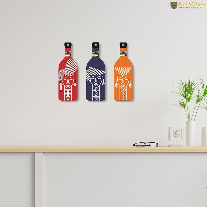 Artvibes Tribal Warli Art Wooden Wall Hanging for Home Decor | Set of 3