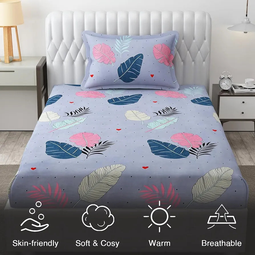 Fresh From Loom Floral Microfiber Single Size Single Bedsheet with 1 Pillow Covers 144 TC Zenith Blue