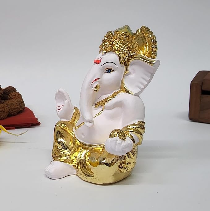 Gold Art India Gold Plated Gaddi Ganesha for Car Dashboard Home Decor Gaaddigoldwhite