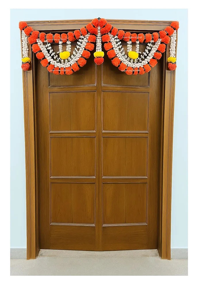 Artificial Marigold Fluffy Flowers Garlands Door Toran Set/Door Hangings Dark Orange with Jasmine and leaves