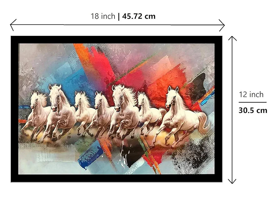 Lifehaxtore Wood Abstract Seven Lucky Running Vastu Horses Art Framed Painting