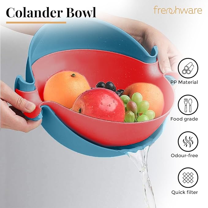 Frenchware 1 Unit Plastic Colander Bowl, Premium-grade Plastic, 100% Food Safe | Dishwasher Safe | Blue & Red