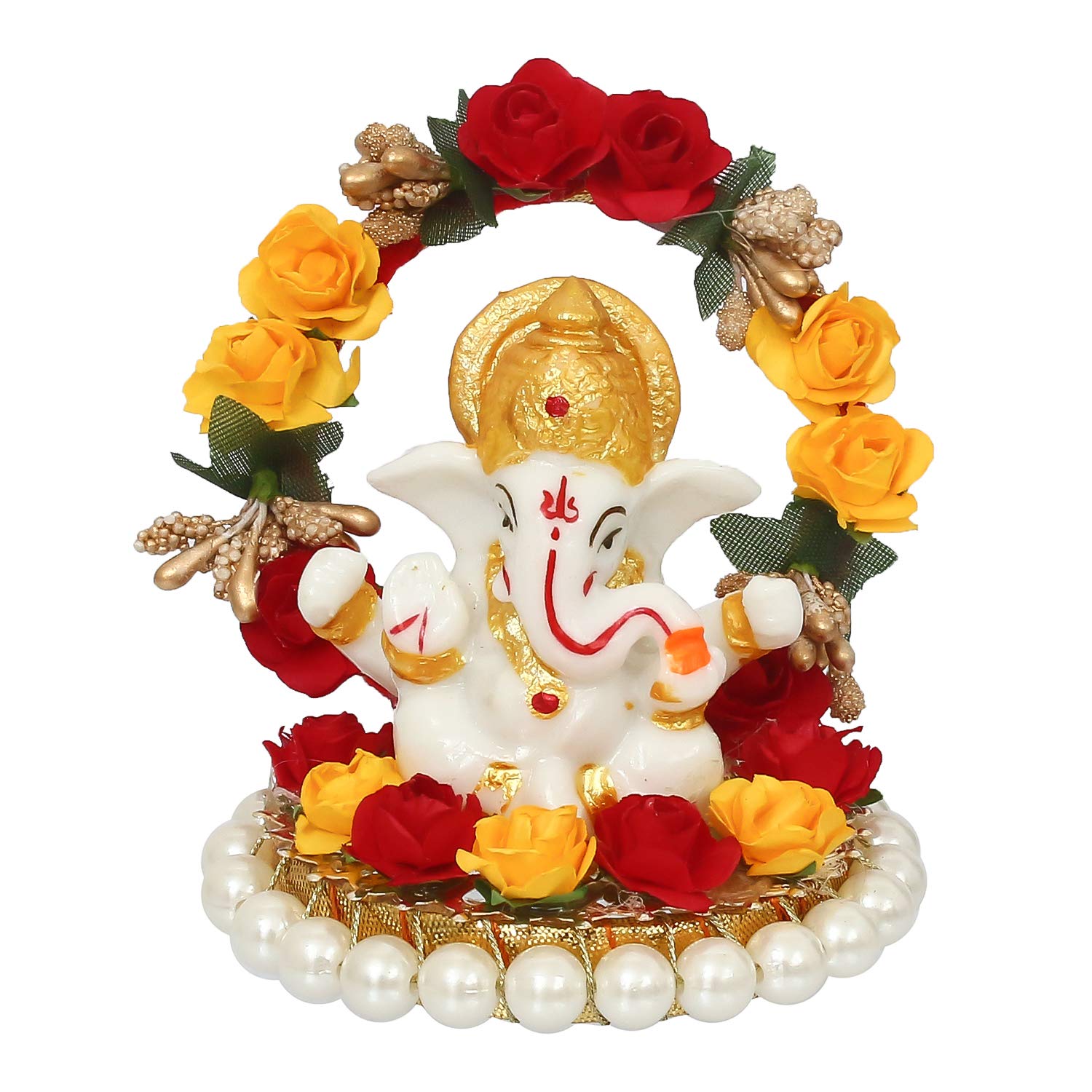 Ecraftindia Resin Lord Ganesha Idol on Decorative Rose Flower Plate | Ganesha Idol for Home Decor