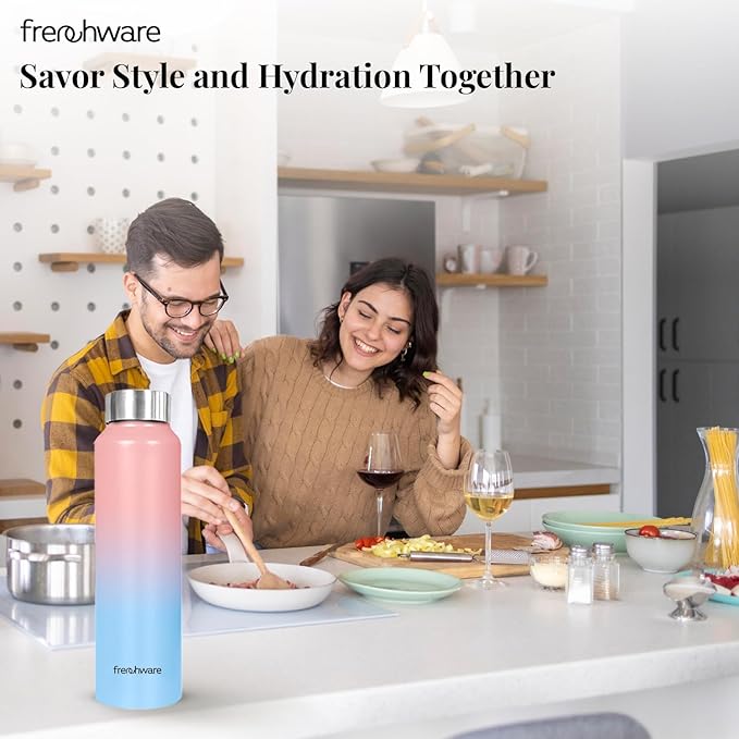 Frenchware Water Bottle 1 Litre, Stainless Steel, Premium SS 304, Sky-Blush | Easy-to-Clean