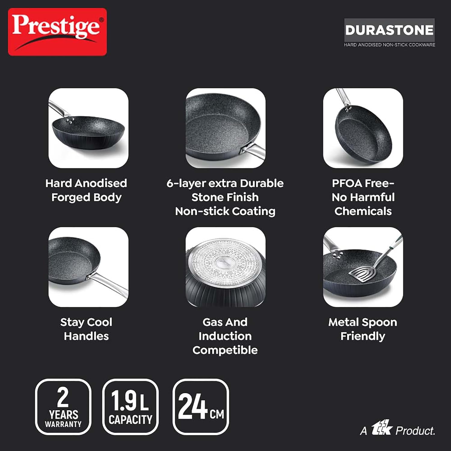Prestige Durastone Hard Anodised 6 Layer Non-Stick Fry Pan 24 cm