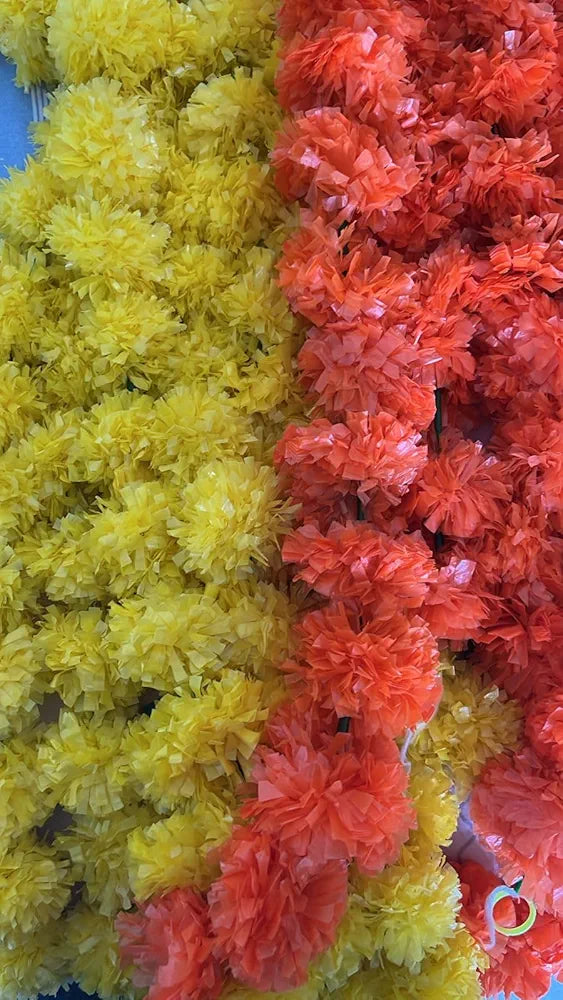 10 Pcs Indian Handmade Artificial Marigold Garland Flowers 5 Feet 5 Yellow + 5 Orange