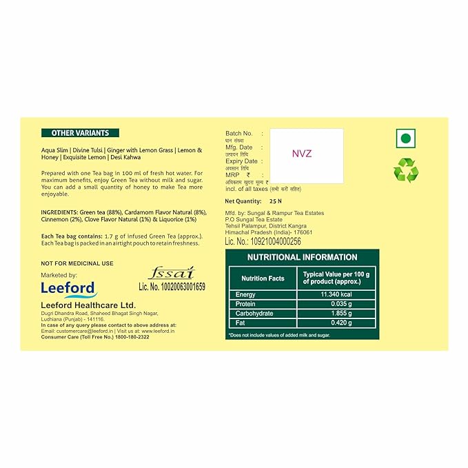 Leeford Elaichi Matcha Green Tea For Weight Loss - 25 Infusion Bags