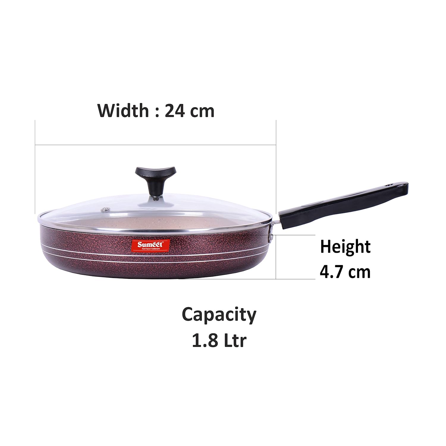 Sumeet Nonstick Granite Finish Fry Pan with Tempered Glass Lid 1.8 Ltr Capacity 24cm