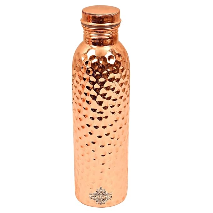 Indian Art Villa Pure Copper Water Bottle With Hammered Shine Finish Design