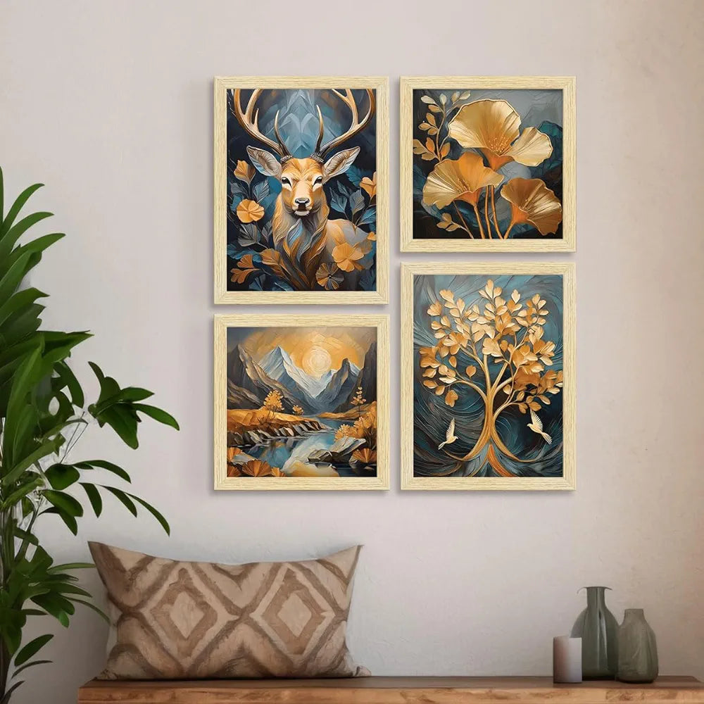 ArtX Paper Golden Deer Sunrise Scenery Flower Tree Art Paintings with Frame Set of 4