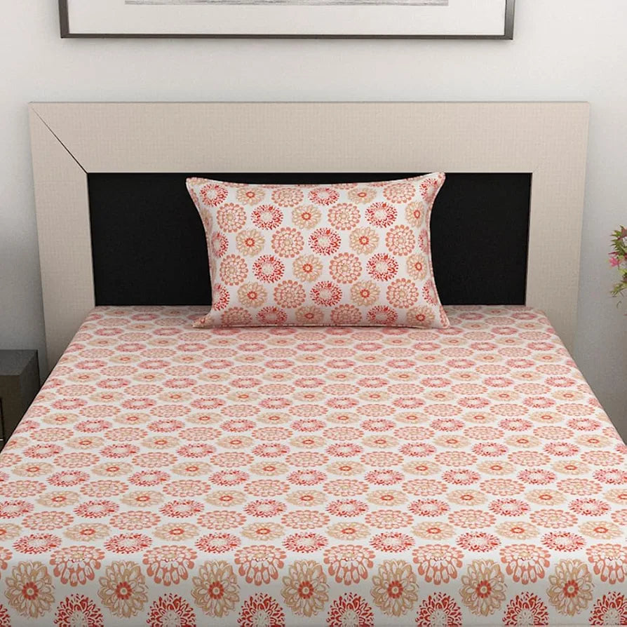 Divine Casa 144 TC 100% Cotton Bedsheet for Single Bed with 1 Pillow Cover Colour Red Orange