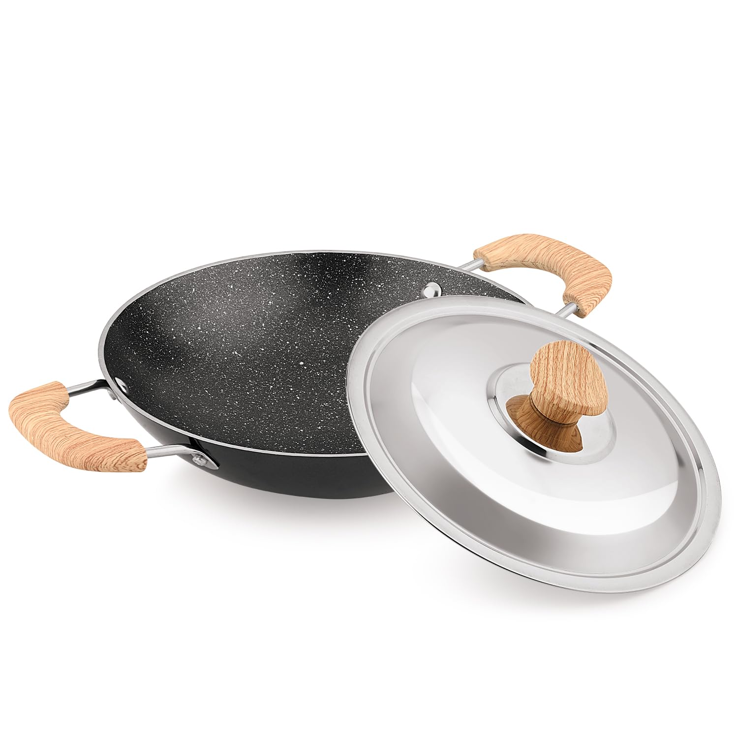 Bergner Bellini Plus Aura 5-layer Non-stick 20 Cm Appachetty With Stainless Steel Lid, Wooden Finish Soft Touch Handle