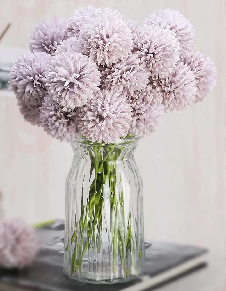 Artificial Chrysanthemum Ball Flowers Fabric Sticks Bouquet Silver Mauve