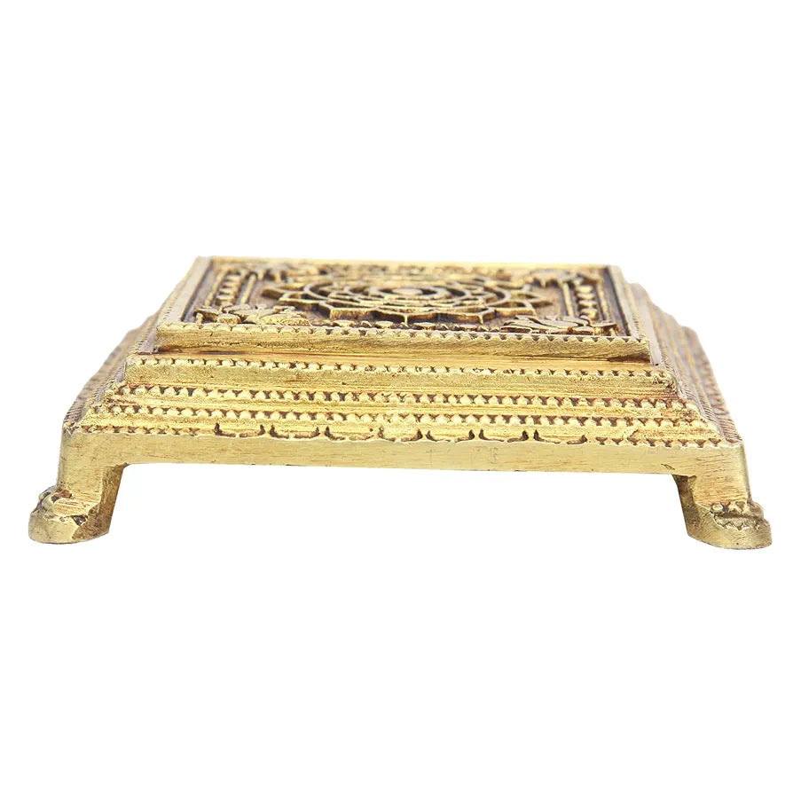 anciently Brass Pooja Chowki Square with Lotus Design | Sqaure Brass Chowki for Puja, Brass, Gold Colour, 1 Piece 