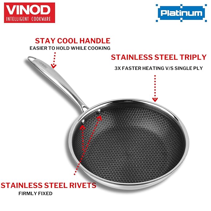 Vinod SAS Pro Platinum Triply Stainless Steel Non Stick Non Stick Frypan - 22 cm | Ceramic Coating | Honeycomb Design | Steel Handle | Induction Base
