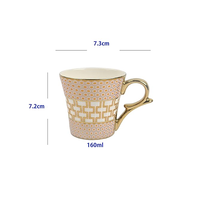 Femora Honey Comb on Golden Mugs, Ceramic Tea Cups, Coffee Mugs | 160 Ml | Golden | 6 Pieces Set | Not Microwave Safe