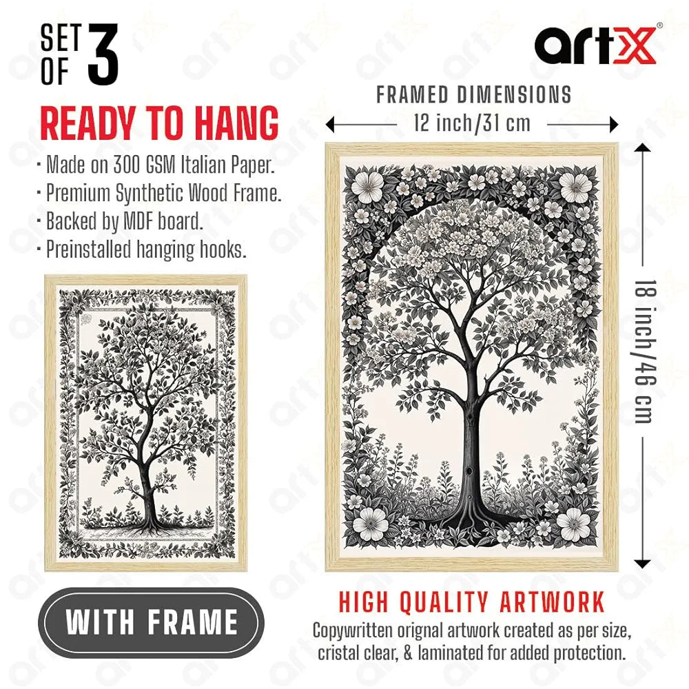 ArtX Paper Monochrome Paintings with Frame Black and White Set of 3